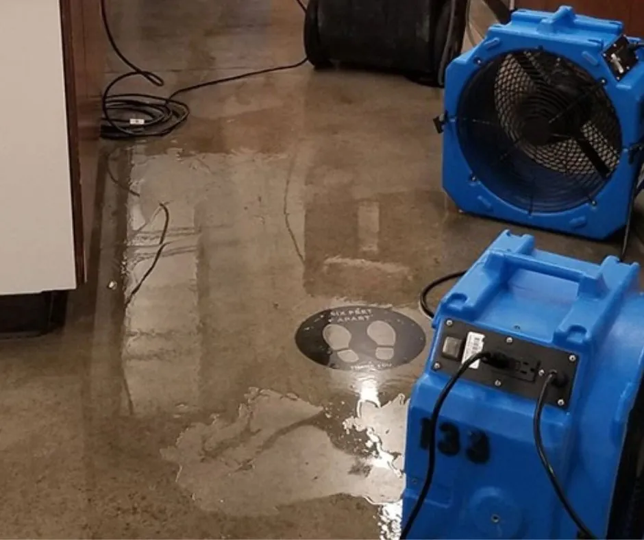 Two air movers running on a wet sealed floor in a corridor, the standing water reflecting a floor decal
